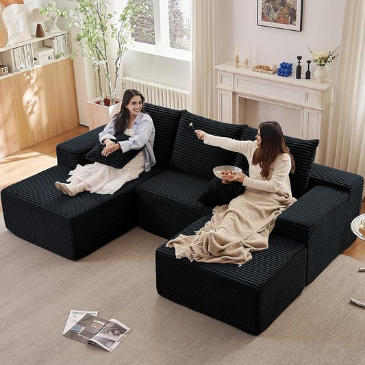 107" Cloud Modular Sectional Couches, Modern Convertible U Shaped Couch, 3 Seat Corduroy Comfy Deep Seat Sectional Sofa Oversize Deep Seat Sofa