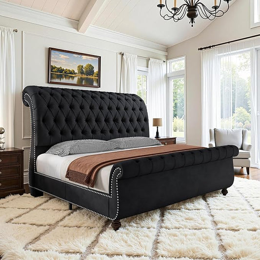 AMERLIFE 55" Tall Sleigh Bed Frame with Scroll Headboard & Footboard, Velvet Upholstered Platform Bed with Deep Button Tufted, Solid Wood Legs, No Box Spring Needed, Black, California King