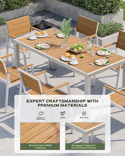 Vexwalx 7-Piece Outdoor Dining Set, Aluminum Dining Table Set for 6, Patio Table and Chairs Set with Umbrella Hole, All Weather HDPS Outdoor Table and Chairs for 6 (White-Teak)