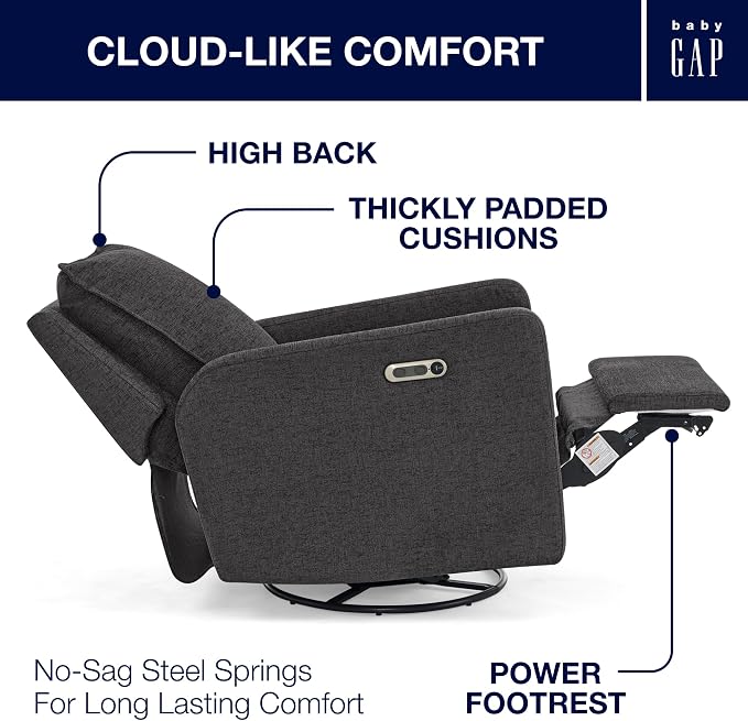 babyGap Harlowe Power Recliner with USB-A and Type-C Ports by Delta Children - Greenguard Gold Certified – Stain-Resistant Performance Fabric is Oeko-TEX Standard 100 Certified, Charcoal