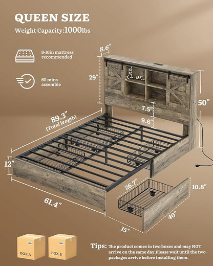 YITAHOME Farmhouse Queen Size Bed with 50" Tall Storage Bookcase Headboard, Sliding Barn Door, 4 Storage Drawers, RGB LED Bed Frame w/Type-C&USB Charging Station, No Box Spring Needed, Antique Grey