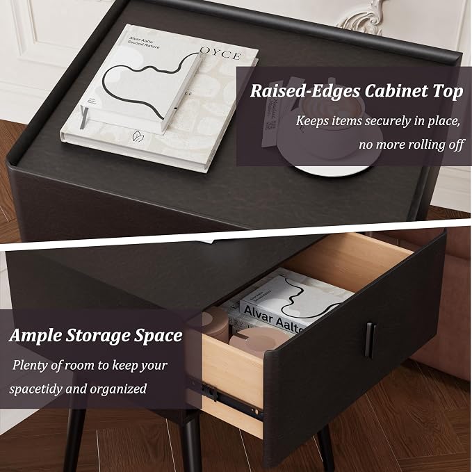 Nightstand Set of 2 with Single Drawer, Leather Side Table, Modern Bedside Table with Metal Legs for Bedroom, Small Accent End Table, Black