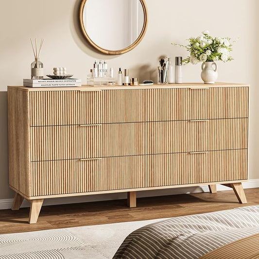 Fluted Dresser with 6 Drawers, 53.43 Inch Wood Double Dresser with Metal Handles Curved Design Wide Storage Organizer Cabinet Modern Chest Dressers for Bedroom Living Room Hallway(Oak)