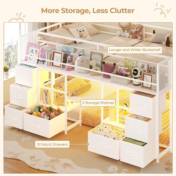 BTHFST Low Bunk Bed Twin Over Twin with 8 Fabric Drawers & Bookshelf, Twin Bunk Beds with RGB LED Lights, Windows, Metal Bunk Beds for Kids with Slanted Ladder & Safety Guardrails, Space Saving, White