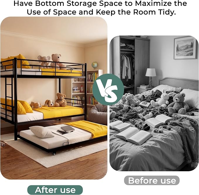 Bunk Bed with Trundle, Metal Twin Bunk Beds with Guardrail and Ladder for Kids/Teenagers/Adults, Space-Saving Bunk Bed Can be Split Into 3 Beds, No Box Spring Needed(Black, with Trundle)