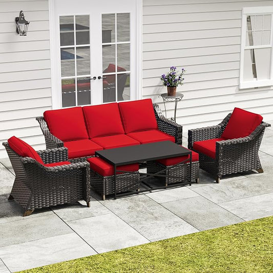 6 Pieces Outdoor Conversation Furniture Set - 77" Patio Sofa, 2 Armchairs, 2 Ottomans, 1 Metal Table, Patio Wicker Couch Set with Washable Cushions for Swimming Pool (Red)