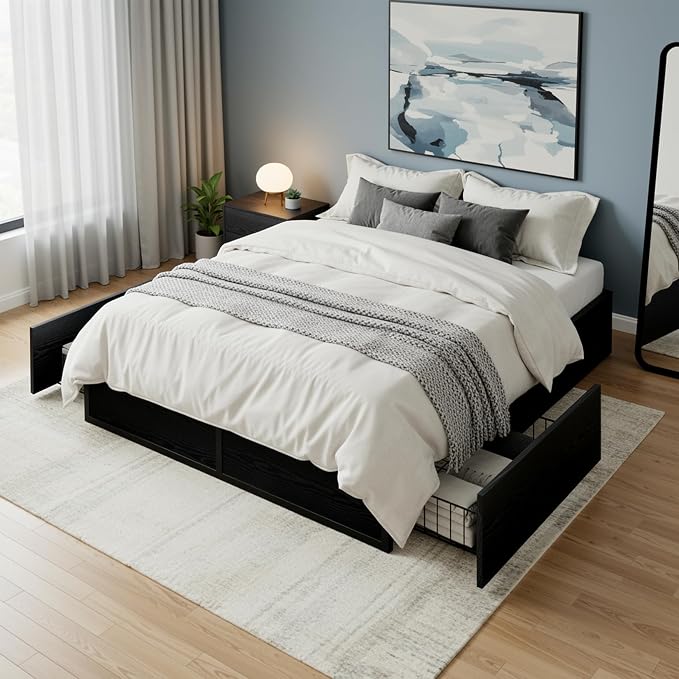 Allewie Full Size Metal Bed Frame with 2 Storage Drawers, Heavy-Duty Steel Frame with MDF Wood Panels, Flexible Drawer Placement, Easy Assembly, Noise-Free Support, Black