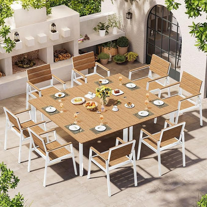 Outdoor Dining Set for 8, Patio Table and Chairs Set with Umbrella Hole, 10 Pieces HDPS + Aluminum Outdoor Furniture Sets for Patio, Garden (White & Teak)