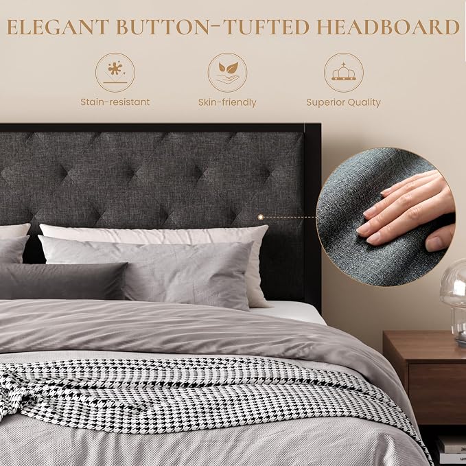 SHA CERLIN King Size Metal Bed Frame with Linen Tufted Headboard, Dark Gray | Modern Design Heavy-Duty Platform Bed, No Box Spring Need, Linen Fabric Upholstery, Noise Free, Easy Assembly
