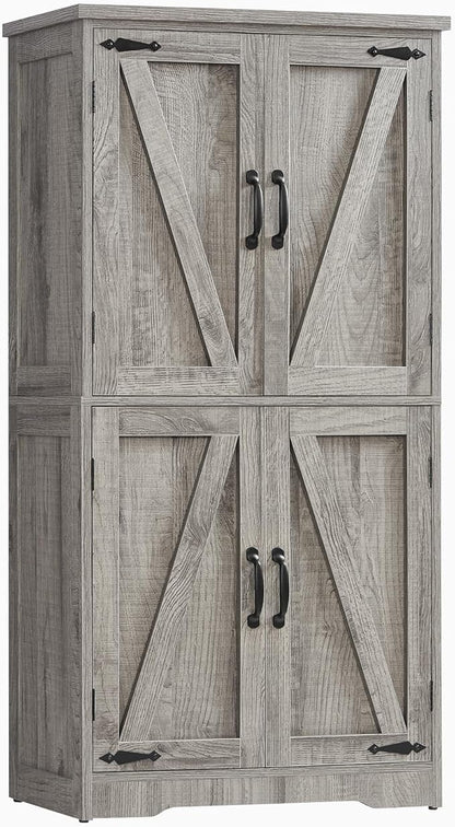 TEENFON Farmhouse Storage Cabinet with 2 Adjustable Shelves, Bathroom Cabinet with 4 Doors, Cupboard for Kitchen, Living Room, Rustic Gray