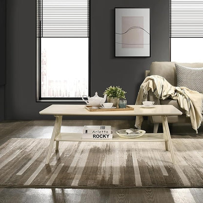 Roundhill Furniture Arona Mid-Century Modern Wood Shelf Coffee Table, Off-White Finish