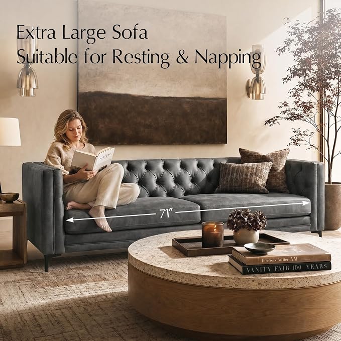 HULALA HOME 84" W Faux Leather Sofa Couch with Metal Legs, Button-Tufted 3-Seater Sofa, Mid Century Modern Contemporary Upholstered Couch for Living Room, Entertainment Area, Apartment,Grey