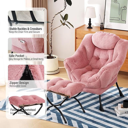 Furlide Lazy Chair with Ottoman, Modern Accent Chair with Armrests and a Side Pocket, Plush Dark Pink Accent Chairs, Reading Chairs, Oversized Armchairs for Bedroom, Study, Living Room, Courtyard