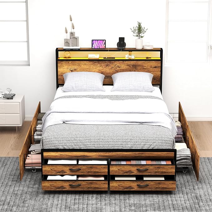 Zevemomo Queen Bed Frame with 8 Storage Drawers, Queen Metal Bed Frame with LED Light and Charging Station, Heavy Duty Metal Slats, No Box Spring Needed, Rustic Brown