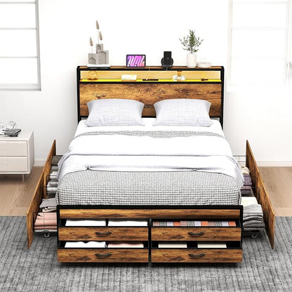Zevemomo Queen Bed Frame with 8 Storage Drawers, Queen Metal Bed Frame with LED Light and Charging Station, Heavy Duty Metal Slats, No Box Spring Needed, Rustic Brown
