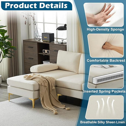 VINGLI 110" Modern Sectional Couch with 51" D Double Chaise, Beige Deep Seat U Shaped Couch with Removable Pillows & Metal Legs, Comfy 4-Seat Sofas for Living Room, Linen Fabric
