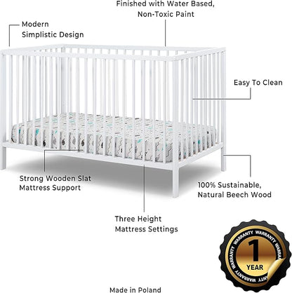Sorelle Furniture Happy 3-in-1 Convertible Crib, Baby Crib to Toddler Bed, Sustainable Beech Wood, Non-Toxic Finish, Simplistic Nursery Furniture - White