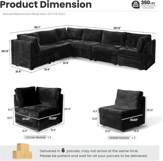 ovios Modular Sectional Sofa Couch with V-Shape Chaise Convertible, Comfy Plush Corduroy Cloud Couches, Modern Luxury Deep Seat Sofas Set for Living Room, 6-Seater, Black