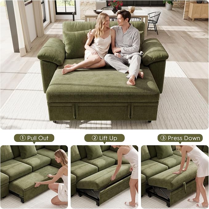 Ihanherry 61" Loveseat Sleeper Sofa, 2-in-1 Pull Out Couch Bed with 2 Pillows, Chenille Convertible Sofa Bed, Small Space Sleeper Couch for Living Room Apartment (Green)