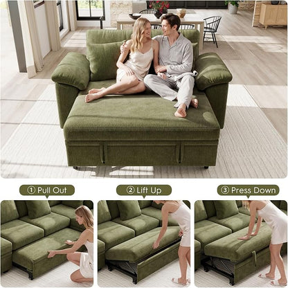 Ihanherry 61" Loveseat Sleeper Sofa, 2-in-1 Pull Out Couch Bed with 2 Pillows, Chenille Convertible Sofa Bed, Small Space Sleeper Couch for Living Room Apartment (Green)