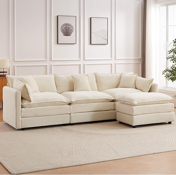 Modular Sectional Sofa, 112.2 Inch L Shaped Couch Set with Armrests, 3-Seater Comfy Cloud Couches with Movable Ottoman for Living Room Apartment, Beige