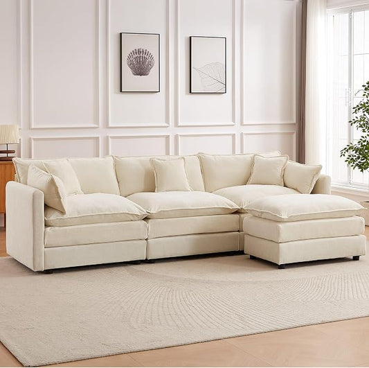 Modular Sectional Sofa, 112.2 Inch L Shaped Couch Set with Armrests, 3-Seater Comfy Cloud Couches with Movable Ottoman for Living Room Apartment, Beige