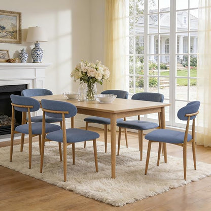 FREKEN Modern Upholstered Dining Chairs Set of 6, Mid-Century Metal Frame with Wood Grain, Linen Fabric Side Chair for Kitchen Dining Room, 350lbs Capacity, Blue
