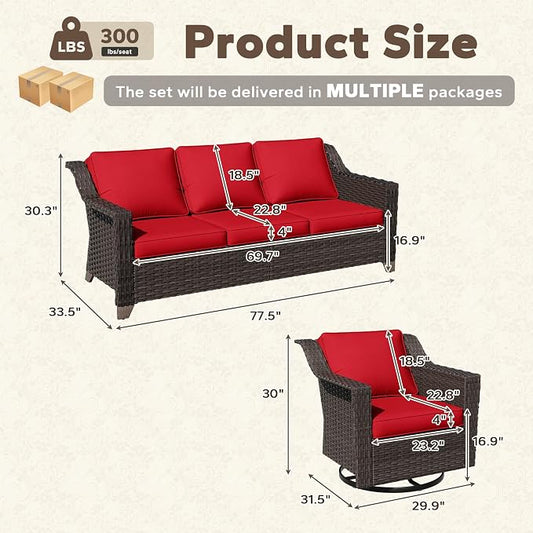 5 Pieces Patio Conversation Furniture Set - 1 Sofa, 4 Swivel Chairs, Outdoor Wicker Furniture with Removable Cushions for Porch, Balcony, Sunroom (Red)