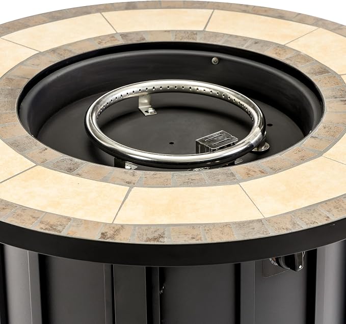 30" Propane Gas Fire Pit Table, 50000 BTU Round Outdoor Fire Pit with Mosaic Ceramic Tabletop, Steel Patio Fire Table with Lid & Rain Cover for Backyard Deck Garden, Black