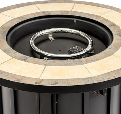 30" Propane Gas Fire Pit Table, 50000 BTU Round Outdoor Fire Pit with Mosaic Ceramic Tabletop, Steel Patio Fire Table with Lid & Rain Cover for Backyard Deck Garden, Black