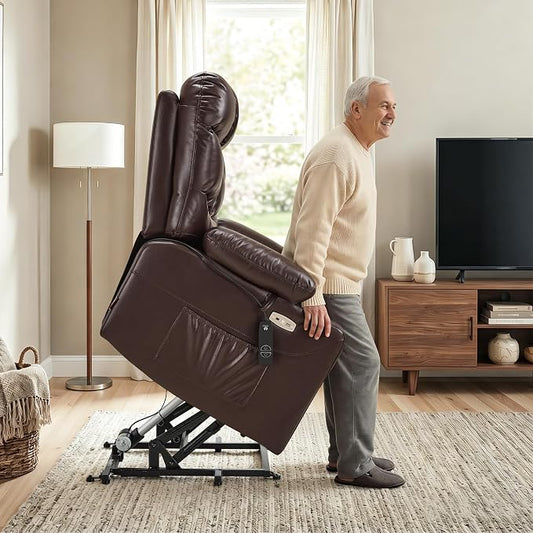 MCombo Oversized Power Lift Recliner Chair with Extended Footrest, Extra Wide for Big and Tall Elderly People, Faux Leather R7289 (Dark Brown, Medium-Wide)