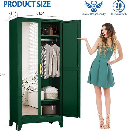 GAIOUS Metal Wardrobe Cabinet with Mirror and Hanging Rod, 71" Green | Clothing Storage Cabinets with 2 Doors and Adjustable Shelves, Armoire Wardrobe Closet for Bedroom, Laundry Room, Cloak Room