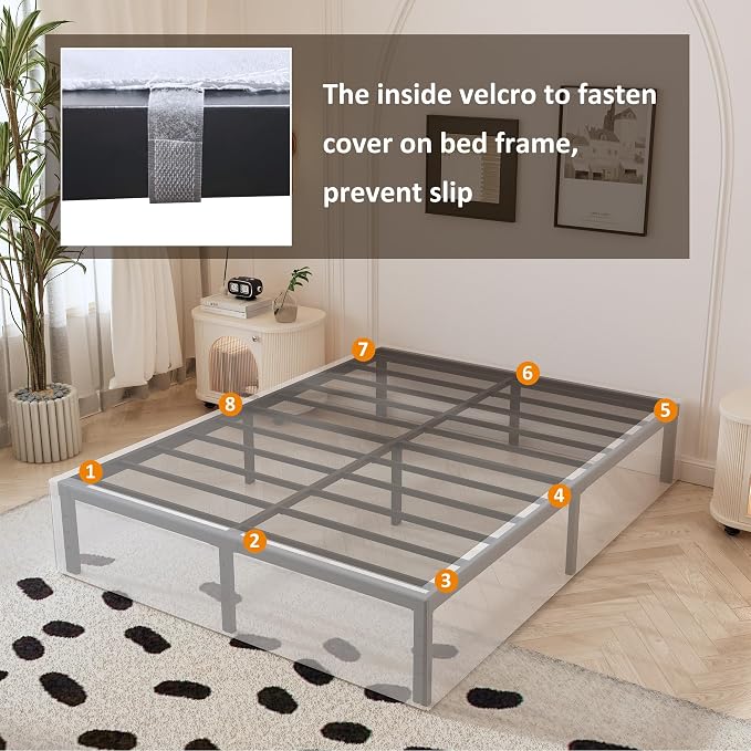 Maenizi Cal King Bed Frame with White Fabric Cover, 14 Inch Heavy Duty Metal Platform Support Up to 3000 lbs with Steel Slats, No Box Spring Needed, Easy Assembly, Noise Free, Black