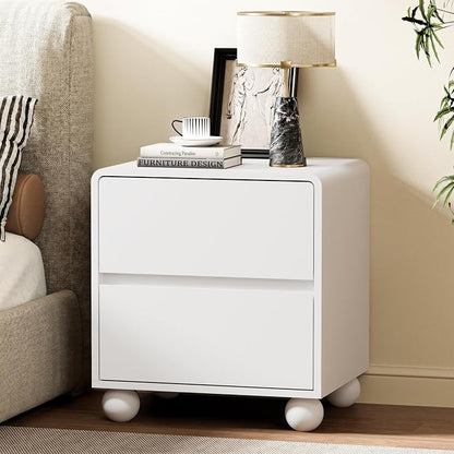 Furniway White Nightstand Set of 2, Modern 2 Drawer Bedside Table with Curved Profile Design and Handle-Free Drawers, Modern End Table with Storage for Bedroom