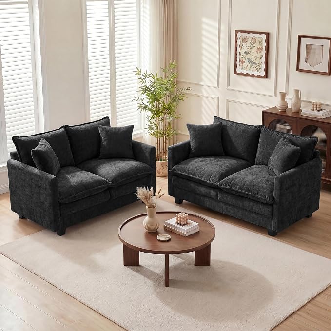 Loveseat Sofa Couch 2 Piece Set, Small Compact 50" Love Seat 27" Deep Cloud Sofa Set Washable Chenille Pillow Living Room Set for Apartment Office 8833-BLACK-2+2
