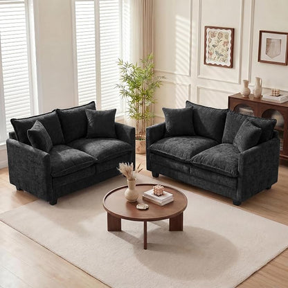 Loveseat Sofa Couch 2 Piece Set, Small Compact 50" Love Seat 27" Deep Cloud Sofa Set Washable Chenille Pillow Living Room Set for Apartment Office 8833-BLACK-2+2