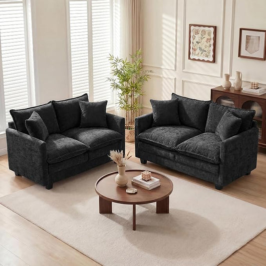 Loveseat Sofa Couch 2 Piece Set, Small Compact 50" Love Seat 27" Deep Cloud Sofa Set Washable Chenille Pillow Living Room Set for Apartment Office 8833-BLACK-2+2