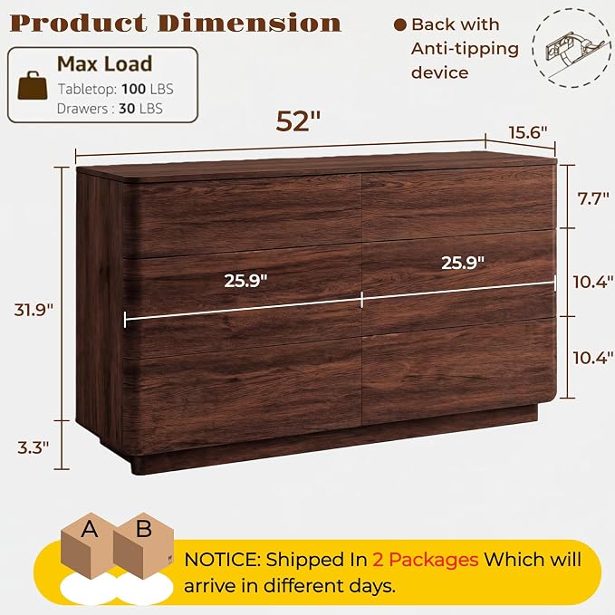 JXQTLINGMU 6 Drawer Dresser for Bedroom, 52" Wide Modern Wood Dressers with Push-to-Open Drawers for Closet Storage, Chest of Drawers TV Stand for Living Room & Hallway, Curved Profile, Walnut