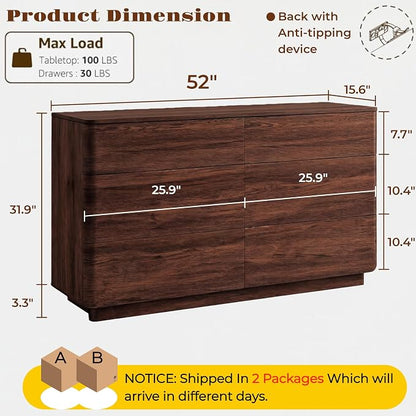 JXQTLINGMU 6 Drawer Dresser for Bedroom, 52" Wide Modern Wood Dressers with Push-to-Open Drawers for Closet Storage, Chest of Drawers TV Stand for Living Room & Hallway, Curved Profile, Walnut