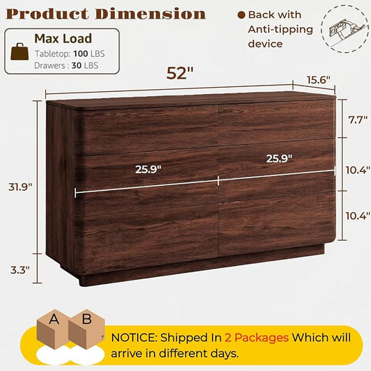 JXQTLINGMU 6 Drawer Dresser for Bedroom, 52" Wide Modern Wood Dressers with Push-to-Open Drawers for Closet Storage, Chest of Drawers TV Stand for Living Room & Hallway, Curved Profile, Walnut