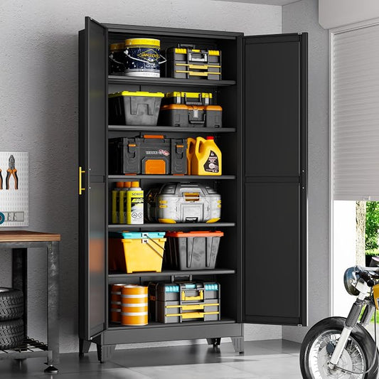 75" Black Tall Metal Storage Cabinet with 2 Doors and 5 Adjustable Shelves,Steel Garage Tool Cabinet, File Cabinet,Kitchen Pantry Cabinet for Home,Office,Garage,School,Warehouse