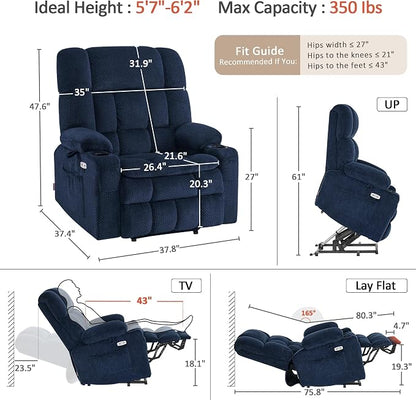 MCombo Oversized Power Lift Recliner Chair for Elderly, Dual Motor Lift Chair with Heat and Massage, Lay Flat Lift Chair for Big and Tall, Cup Holders, Fabric R7891 (Large-Wide, Navy Blue)