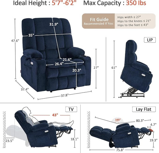 MCombo Oversized Power Lift Recliner Chair for Elderly, Dual Motor Lift Chair with Heat and Massage, Lay Flat Lift Chair for Big and Tall, Cup Holders, Fabric R7891 (Large-Wide, Navy Blue)
