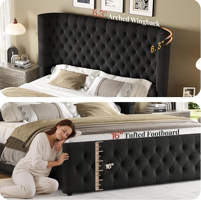 Jocisland California King Size Upholstered Bed Frame with 6.3-Inch Curved Wingback Headboard, Tufted Footboard, Wood Slats, No Box Spring Needed, Black Velvet
