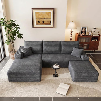 95" Cloud Sectional Couch U-Shaped Chaise with Ottoman, Corduroy Boneless Couch for Living Room Bedroom, Deep-Seat Upholstered Modular Cloud Sofa, No Assembly Required (Grey, Left Facing Chaise)
