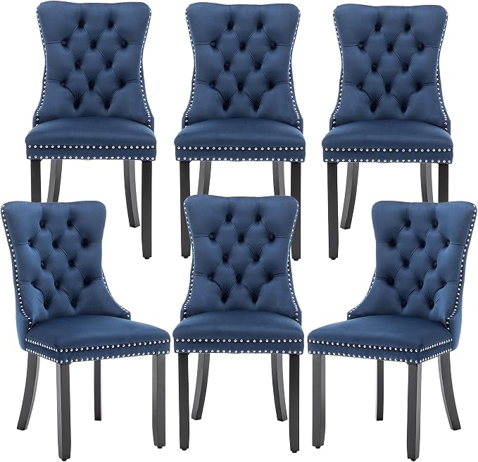 Mid Century Modern Dining Chair Set of 6 Velvet Upholstered Dining Accent Chair Farmhouse Dining Chairs with High Back and Nailhead Trim for Kitchen, Living Room, Bedroom (Blue)