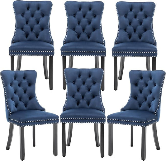 Mid Century Modern Dining Chair Set of 6 Velvet Upholstered Dining Accent Chair Farmhouse Dining Chairs with High Back and Nailhead Trim for Kitchen, Living Room, Bedroom (Blue)