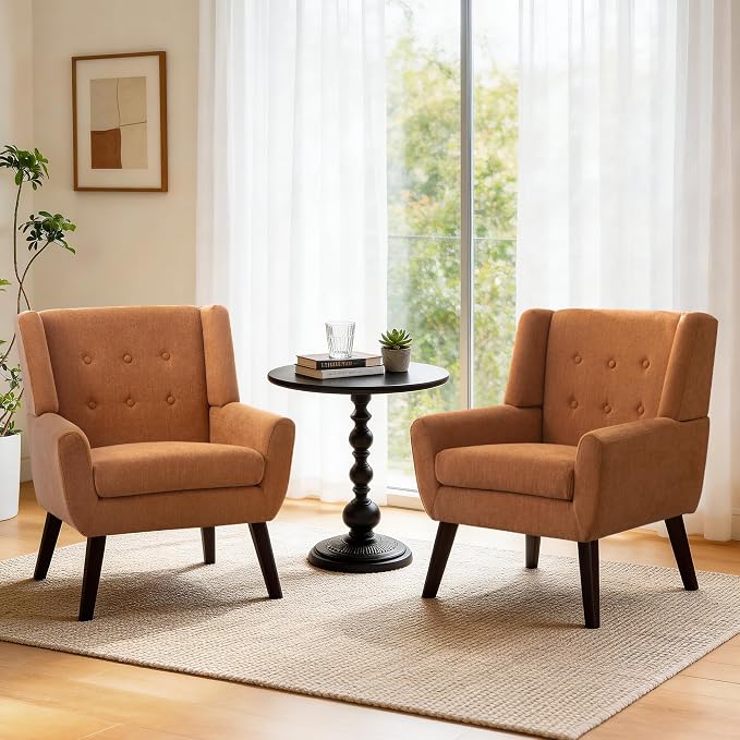HUIMO Accent Chair Set of 2, Upholstered Button Tufted Armchair, Linen Fabric Sofa Living Room Chairs for Bedroom, Mid-Century Modern Comfy Reading Chair (2 PCS, Orange)