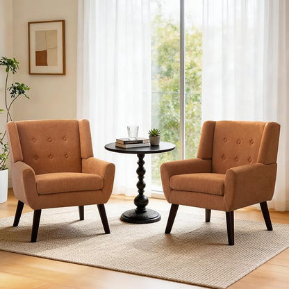 HUIMO Accent Chair Set of 2, Upholstered Button Tufted Armchair, Linen Fabric Sofa Living Room Chairs for Bedroom, Mid-Century Modern Comfy Reading Chair (2 PCS, Orange)