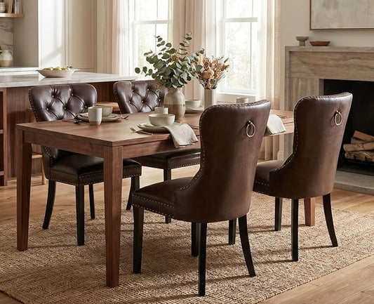 EALSON Modern Dining Chairs Set of 4 Mid Century Leather Dining Room Chairs with Wood Legs Tufted Upholstered Kitchen Side Chairs with Nail Head Trim for Dining Room/Living Room, Coffee with Ring